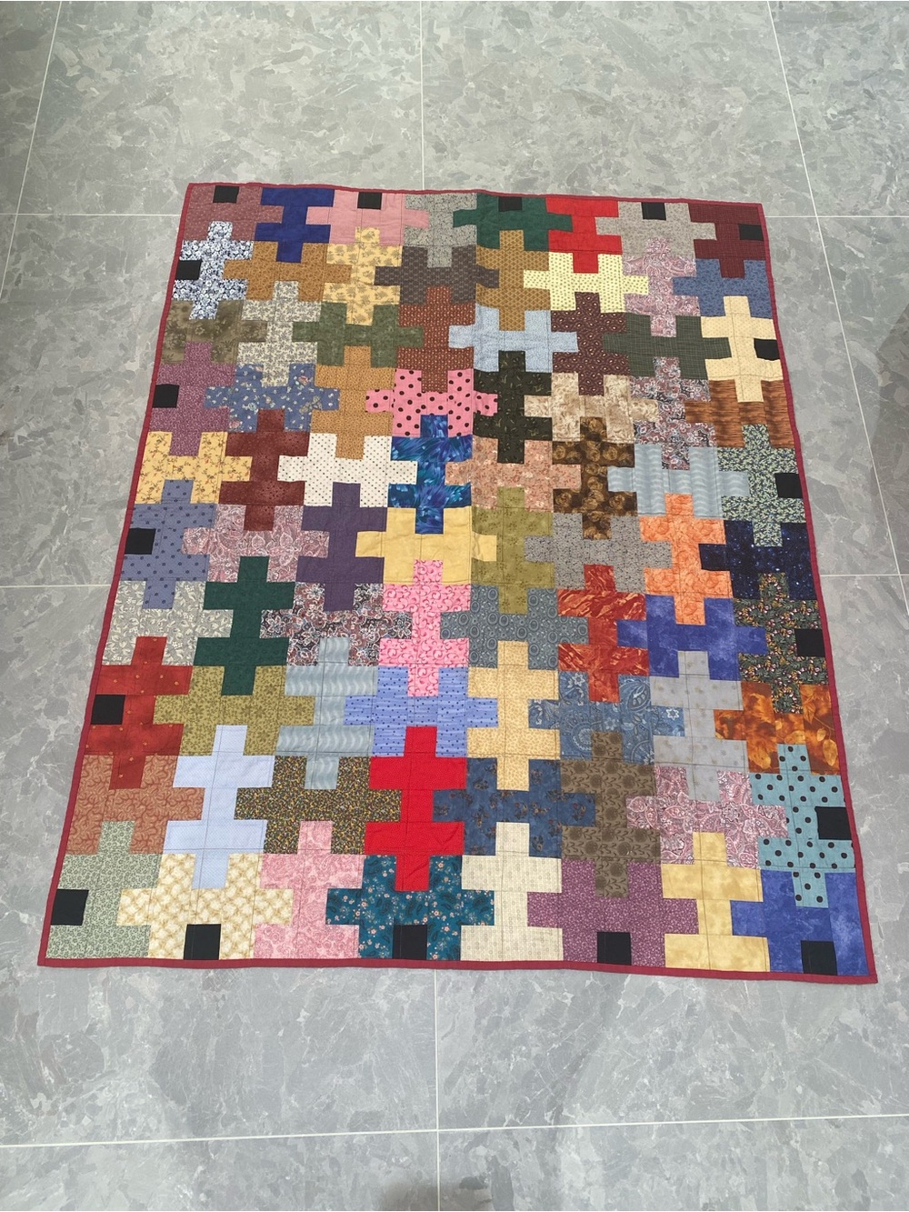 Vintage Handmade Puzzle Piece / Jigsaw Patchwork Quilt – Colorful Scrappy Throw